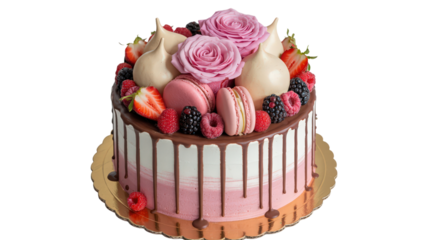 Elegant Layered Cake with Chocolate Drip Berries Roses and Macarons against Transparent Backdrop Delicious Dessert for Celebrations and Special Occasions