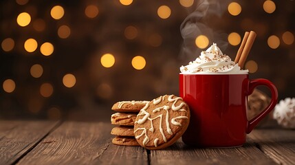 Festive red mug of hot chocolate with whipped cream and cinnamon. Cozy winter scene with gingerbread cookies on a rustic table with holiday bokeh lights