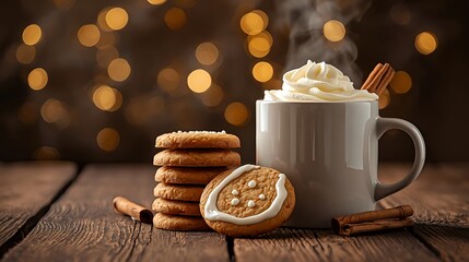 Cozy winter holiday background with hot chocolate and gingerbread cookies. A steaming grey mug with whipped cream on a rustic wood table with bokeh lights