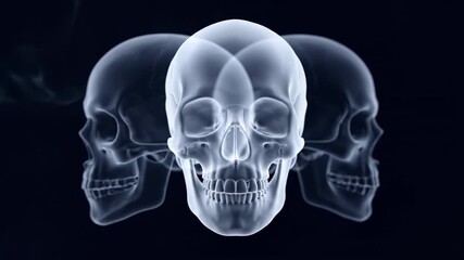Animated rendition of a human skull rotating in a hazy setting, simulating an X ray effect. This creative concept illustrates the use of computed tomography for medical diagnosis - Powered by Adobe
