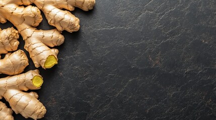 Organic Ginger Roots Neatly Arranged Against Dark Texture