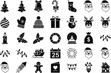 Christmas icons set with Santa Claus, snowman, reindeer, tree, gifts, wreath, and holiday decorations for festive winter designs