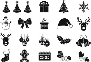 Christmas icons set, black and white holiday silhouettes, festive vector clipart pack, party hats, gift, tree, snowflake, snowman, bow
