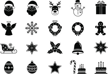 Christmas icons set, black and white holiday silhouettes, festive vector clipart pack, Santa, reindeer, snowman, tree, wreath