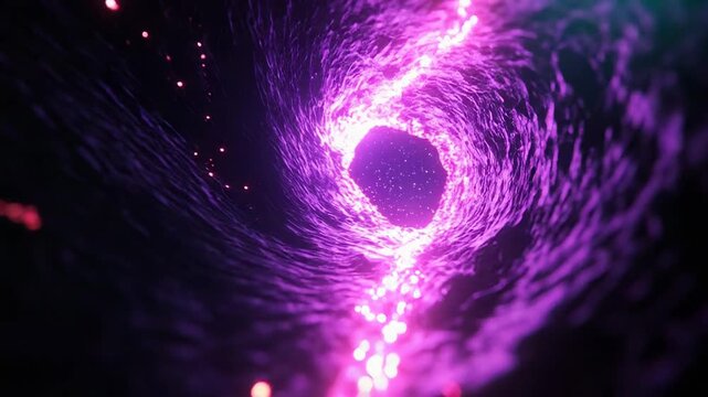 Abstract purple vortex with glowing particles creating a wormhole effect