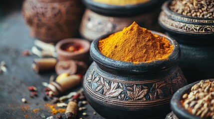 Pile of turmeric powder inside a decorative pottery bowl