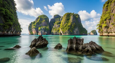 Tropical bay with towering limestone cliffs covered in green plants rising from turquoise water. Dark rocks emerge from calm sea surface. Perfect for travel guides and nature content.