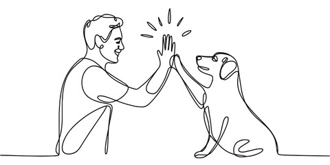 a man and his dog sharing a cheerful high-five, symbolizing companionship, training, and positive bonding moments.