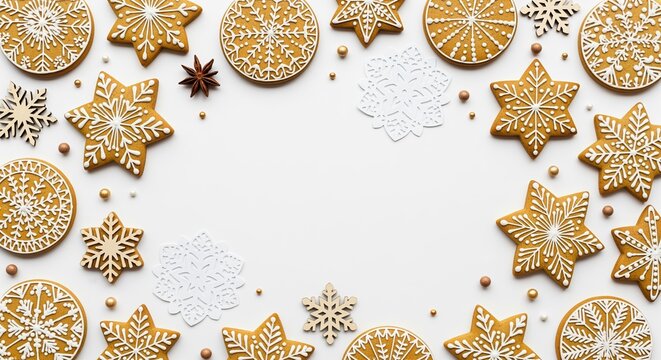 Gingerbread cookies shaped like snowflakes and stars with white icing create a festive holiday frame. Perfect for seasonal greeting cards, baking blogs, or Christmas party invitations.