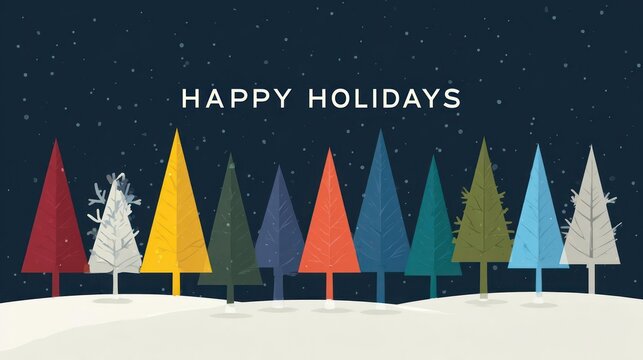 Whimsical happy holidays greeting card featuring a row of colorful stylized christmas trees in a snowy landscape under a starry night sky