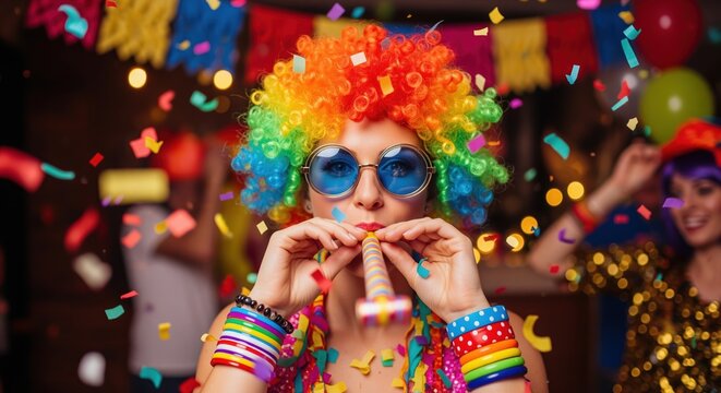 A person wearing a rainbow curly wig and blue sunglasses blows a party horn at a festive celebration. Colorful confetti fills the air. Perfect for party invitations or event promotions.