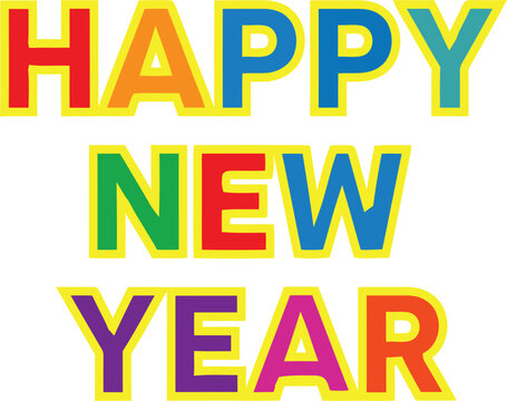 Happy New Year text with colorful letters and yellow outline