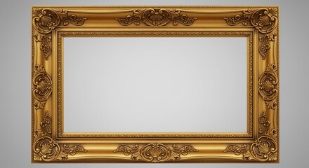 Ornate gold frame with detailed carved corners and decorative flourishes. The empty center provides space for artwork, photos, or text. Perfect for museum displays, gallery use, or design projects.