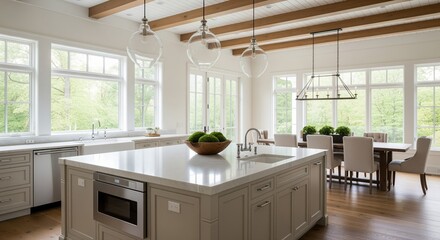 Modern kitchen with large island, white countertops, and wooden beams. Glass pendant lights hang above. Dining area visible in background. Bright space with big windows showing greenery.