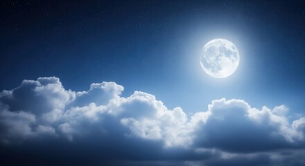 Bright full moon shining over soft white clouds against a deep blue starry night sky. Perfect for dreamy themes, sleep concepts, nighttime scenes, or peaceful evening backdrops.