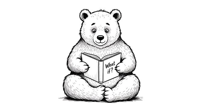 Black and white drawing of a cute bear sitting and reading a book