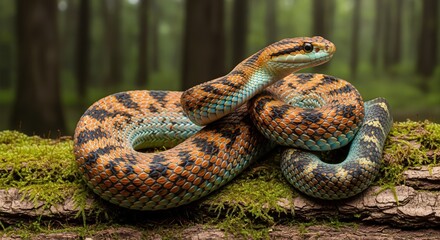 Fototapeta premium Colorful snake with orange and turquoise scales coiled on mossy bark in a forest setting. Perfect for wildlife content, nature education, or reptile awareness projects.