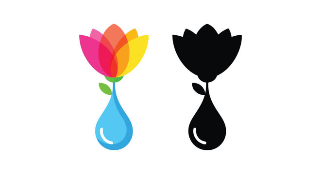 A colorful flower with a water droplet and its silhouette are shown side by side. - Powered by Adobe