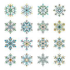 Sixteen Colorful Geometric Snowflakes on White Background
