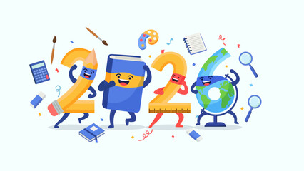 Happy New Year 2026 education banner; a playful cartoon design with 2026 as school supply characters (pencil, globe, book) for the Class of 2026 and students.