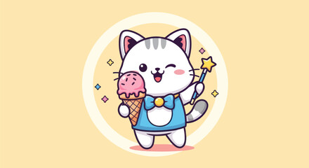 Cartoon cat enjoying ice cream and magic wand isolated on yellow background