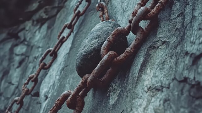 Rusty iron chains coiled around a weathered stone