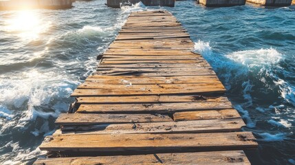 Fototapeta premium Splintered wooden pier jutting out into turbulent ocean