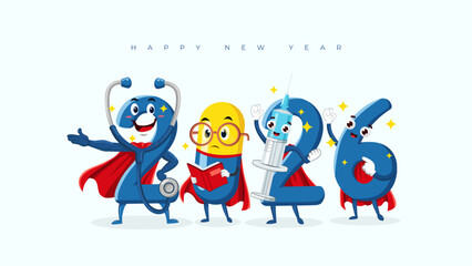 Cute Happy New Year 2026 medical banner  a playful cartoon design with 2026 as a medical superhero team of "healthcare heroes" for a hospital or clinic. © Mete-X