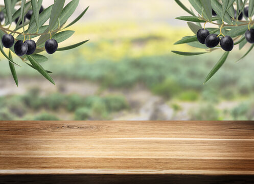 Fresh olive branch and rustic wooden table with copy space for product display over blurred landscape. Background for advertising and placement of natural and organic mediterranean food and oil