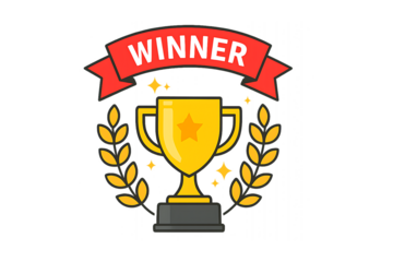 Golden trophy with winner ribbon and laurel wreath on transparent background