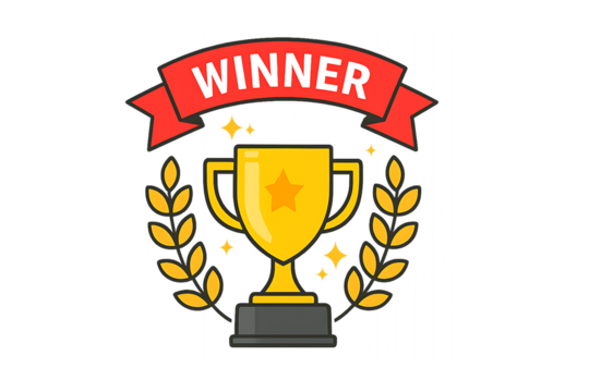 Golden trophy with winner ribbon and laurel wreath on transparent background - Powered by Adobe
