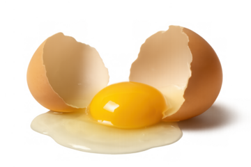 Raw egg yolk and white flowing out from a broken brown egg shell, preparing for cooking or baking, transparent background