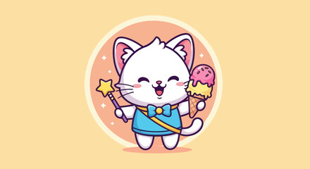 Cartoon cat holding ice cream and magic wand against a yellow background