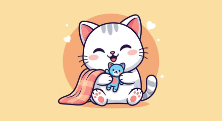 Cartoon cat holding toy and blanket illustration on orange background