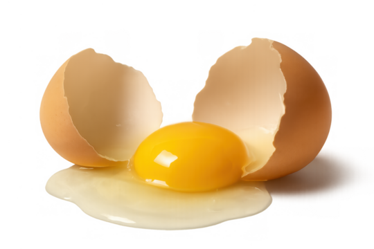 Raw egg yolk and white flowing out from a broken brown egg shell, preparing for cooking or baking, transparent background