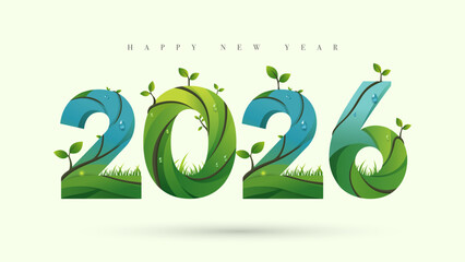 Green Happy New Year 2026 banner; an eco-friendly and nature-themed design with 2026 typography made from plants, leaves, and grass, symbolizing a sustainable new year