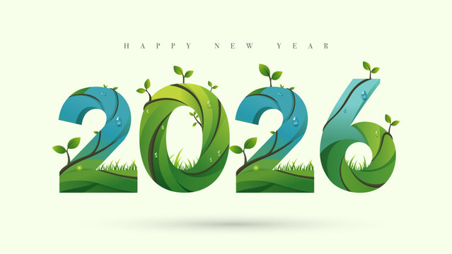 Green Happy New Year 2026 banner; an eco-friendly and nature-themed design with 2026 typography made from plants, leaves, and grass, symbolizing a sustainable new year