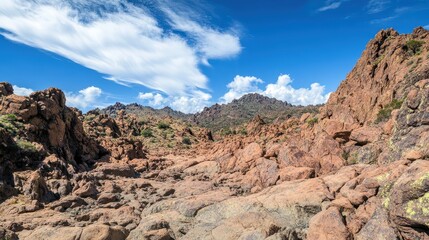 Fototapeta premium Rocky landscape under a blue sky with white clouds