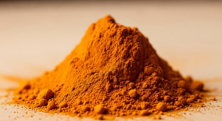 A close up shot of a pile of vibrant orange turmeric powder against a neutral background surface