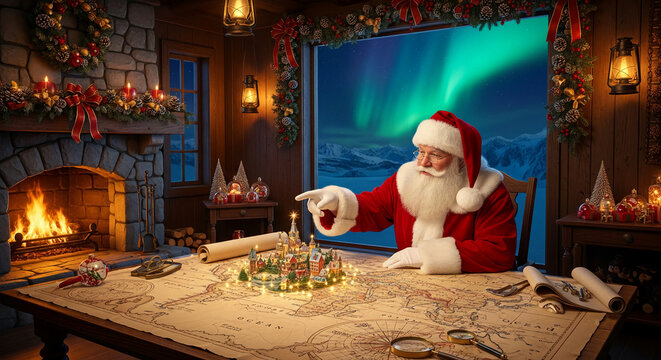Santa Claus at table with map and miniature town, lit by fairy lights, with aurora borealis visible through window, representing holiday spirit