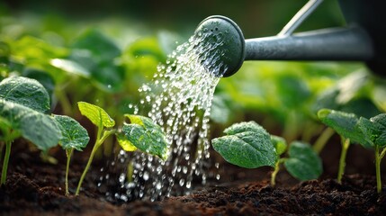 Pouring water from a garden watering can onto green seedlings in a sunny garden during springtime nurturing growth and health