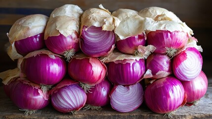 Stack of fresh organic red onions showing layered papery skins