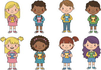 Happy diverse school children holding books, cute boys and girls cartoon characters, education and learning concept, flat vector illustration, cad drawing style