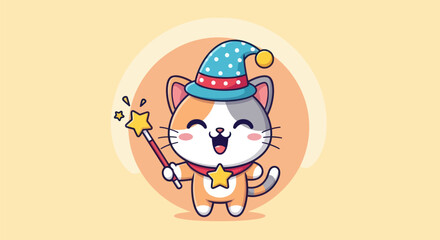 Cartoon cat magician with star wand and hat on a light yellow background