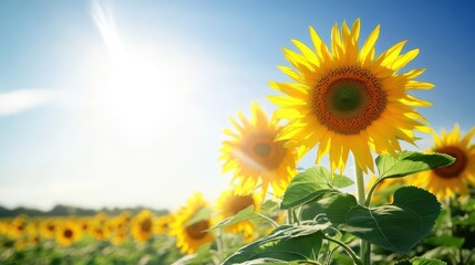 Obraz premium Sunflowers blooming in a bright yellow field under a sunny sky
