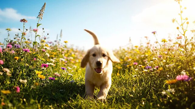 Lively and darling puppy frolicking and leaping in a delightful meadow of colorful blooms. Charming small pup reveling in the sunshine of a gorgeous day in the great outdoors