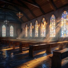 realistic church interior with wooden pews, sunlight streaming through stained glass windows