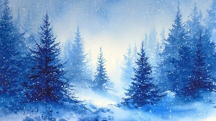 Winter scene of snowy forest with peaceful snowfall creating a serene Christmas atmosphere in a beautiful watercolor style