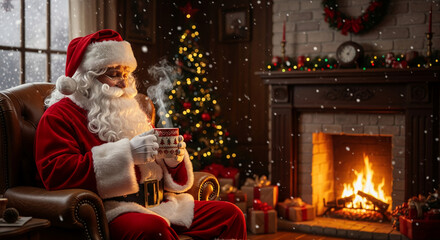 Image of figure with white beard wearing red suit and hat, seated with cup in hand, Christmas tree, fireplace and presents, festive holiday scene