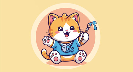 Cartoon cat painter with brush and paint on isolated yellow background